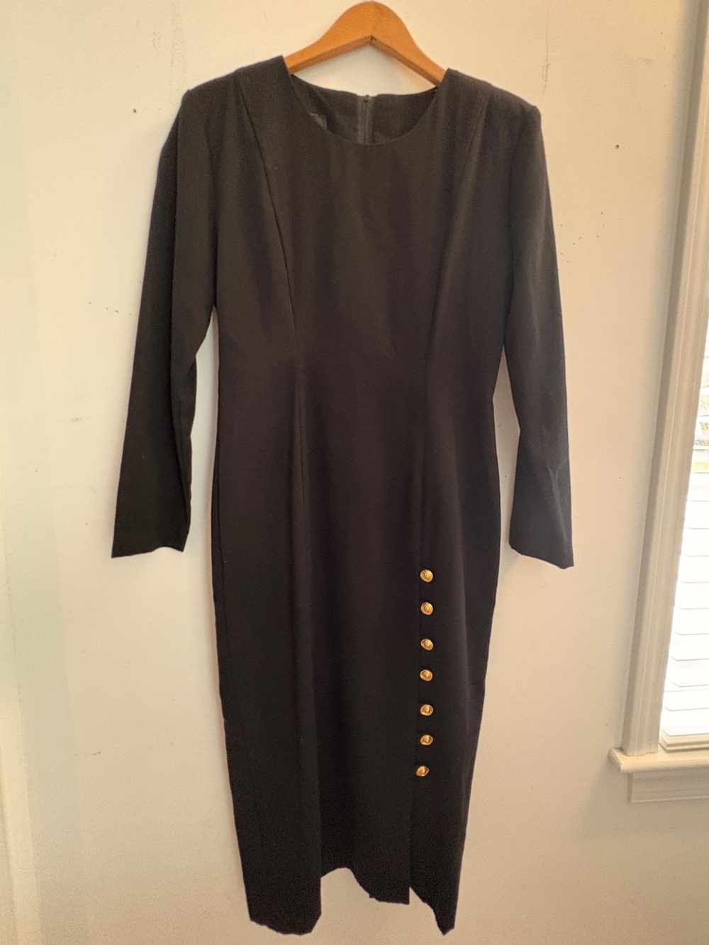 Vintage Ansley Black Long Sleeve Midi Dress with Gold Buttons